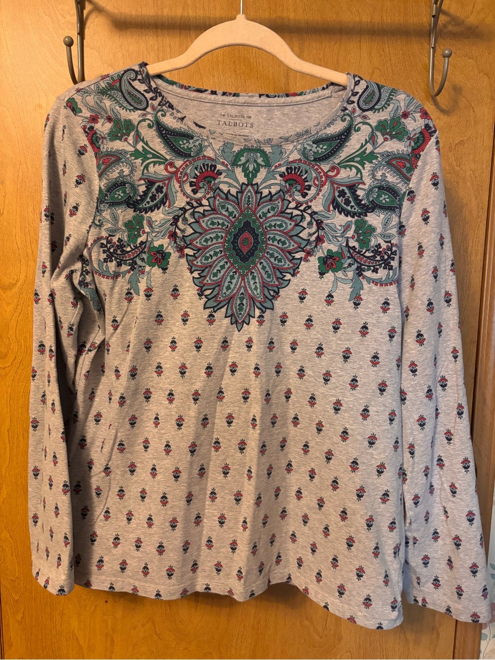 Talbots Heather Gray Long-Sleeve Tee with Green & Teal Paisley Motif